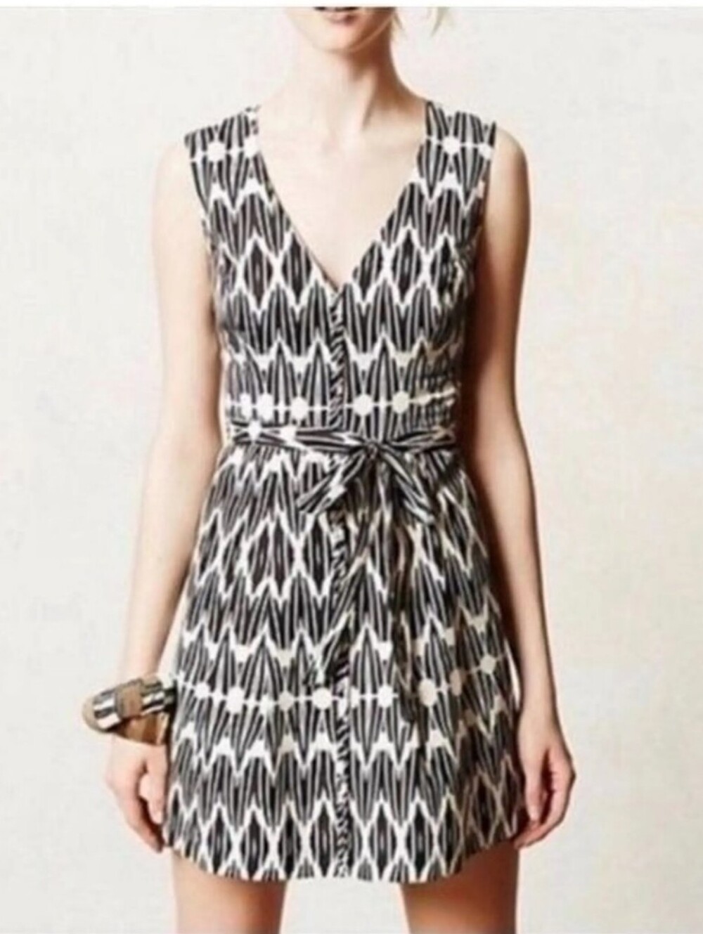 Plenty By Tracy Reese Black & White Patterned Sleeveless Dress with Tie Waist